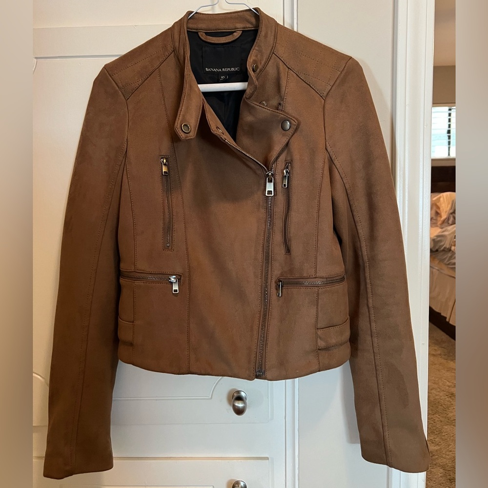 Banana Republic Banded Collar Vegan Suede Moto Jacket Canyon Brown Size XS